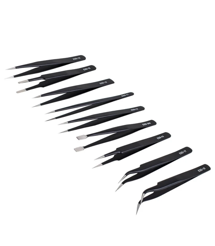 Pack of 9 ESD Stainless Steel Anti-static Precision Tweezers - Image 2