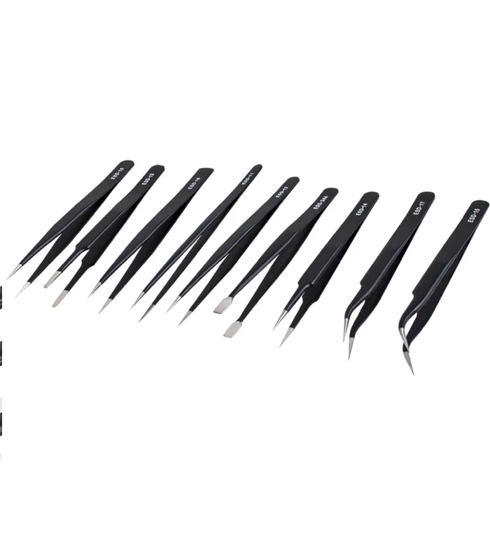 Pack of 9 ESD Stainless Steel Anti-static Precision Tweezers - Image 3