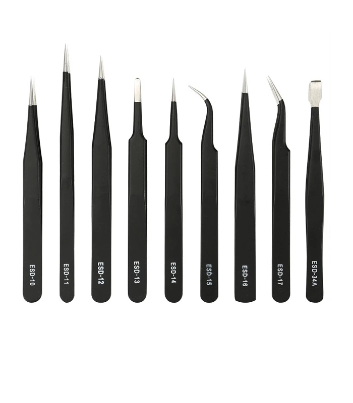 Pack of 9 ESD Stainless Steel Anti-static Precision Tweezers - Image 1