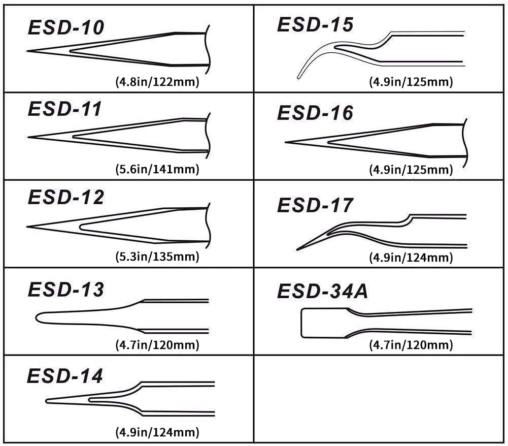 thumbnail image 2 of Tweezer Set Fine Tweezers Aoje-Link ESD-17 Professional Anti-Static Technology Tweezers, Non-magnetic Fine Tip Curved, Stainless Steel Plastic Coated, Full Length 125mm, Black, 6pcs Fine Tweezers Precision Tweezers Men 2 of 14