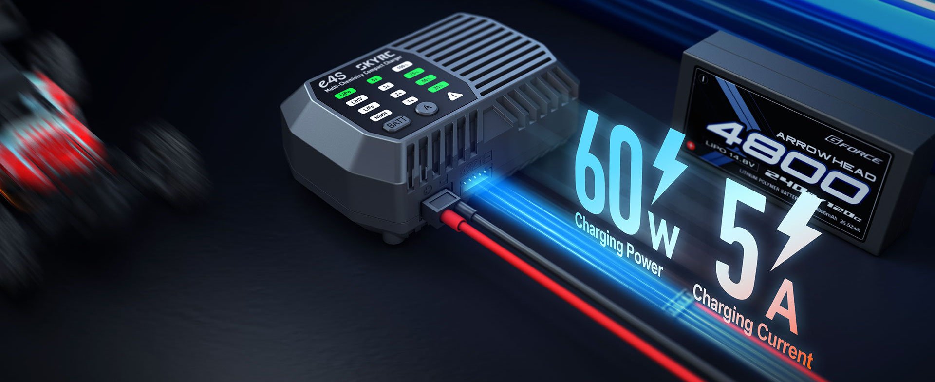 SkyRC e4S 2-4S LiPo LiFe LiHV / 6-8S NiMH Battery Charger 50W 5A 2 E4S Banner 60W