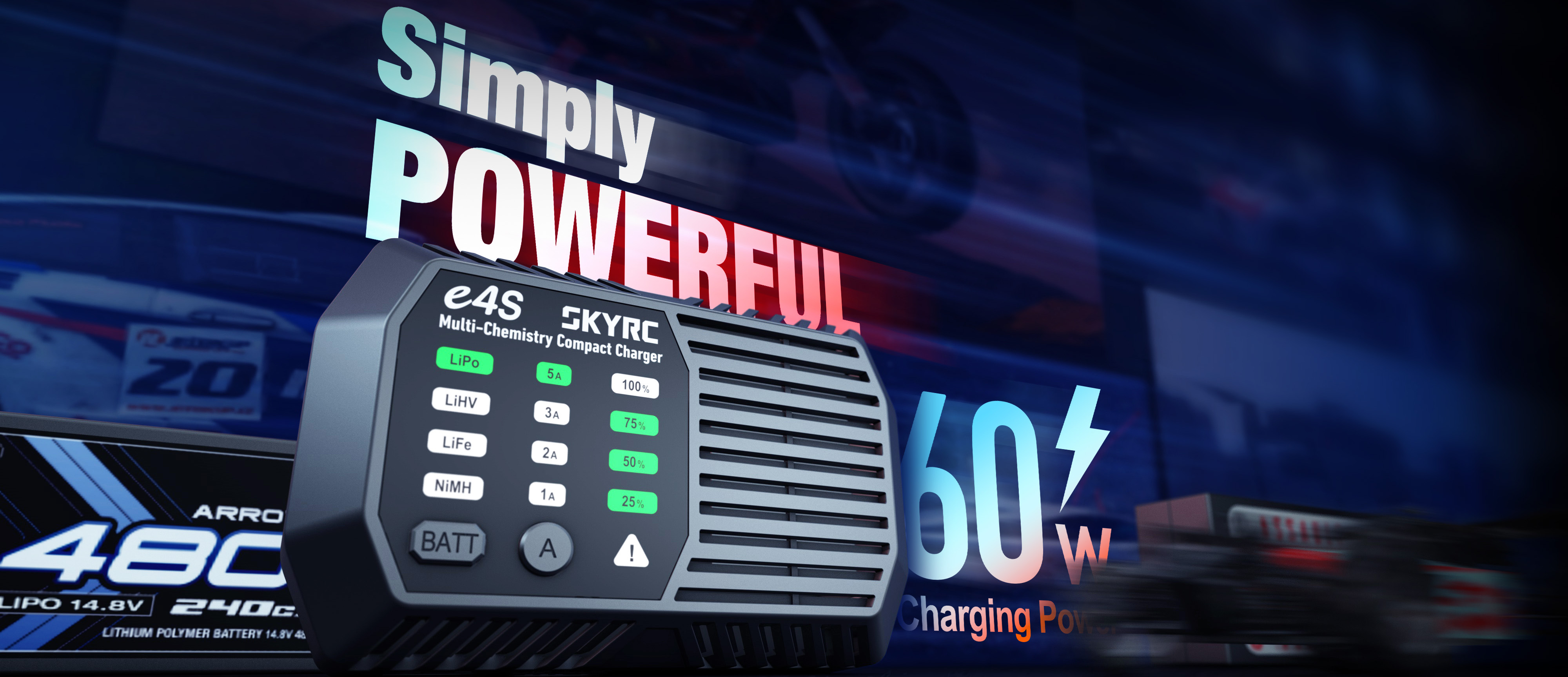 SkyRC e4S 2-4S LiPo LiFe LiHV / 6-8S NiMH Battery Charger 50W 5A 1 E4S Banner
