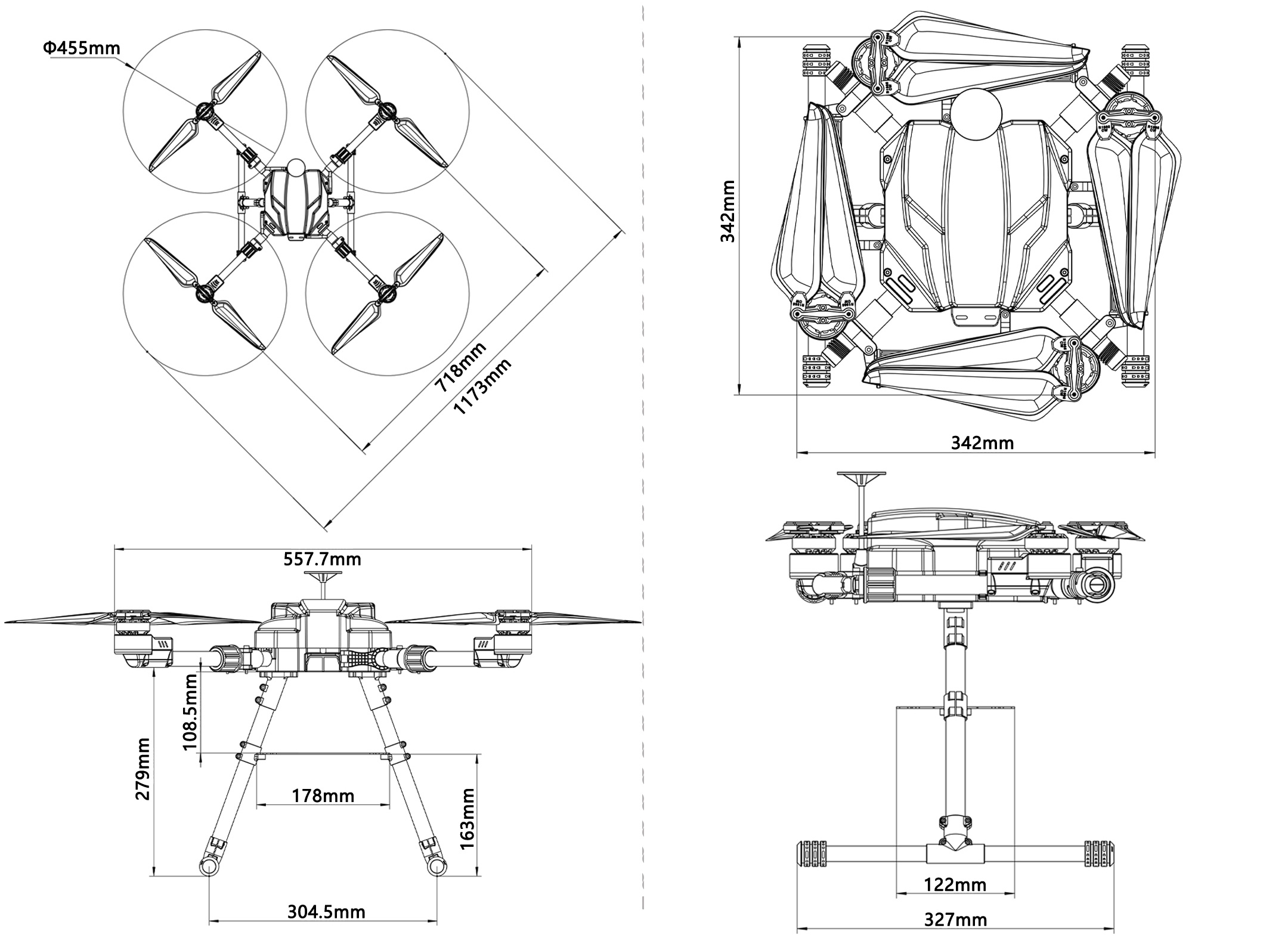 Tarot Multirotor Frame 718mm Lateral Folding Quadcopter - TL718 2 TL718 Dimensions